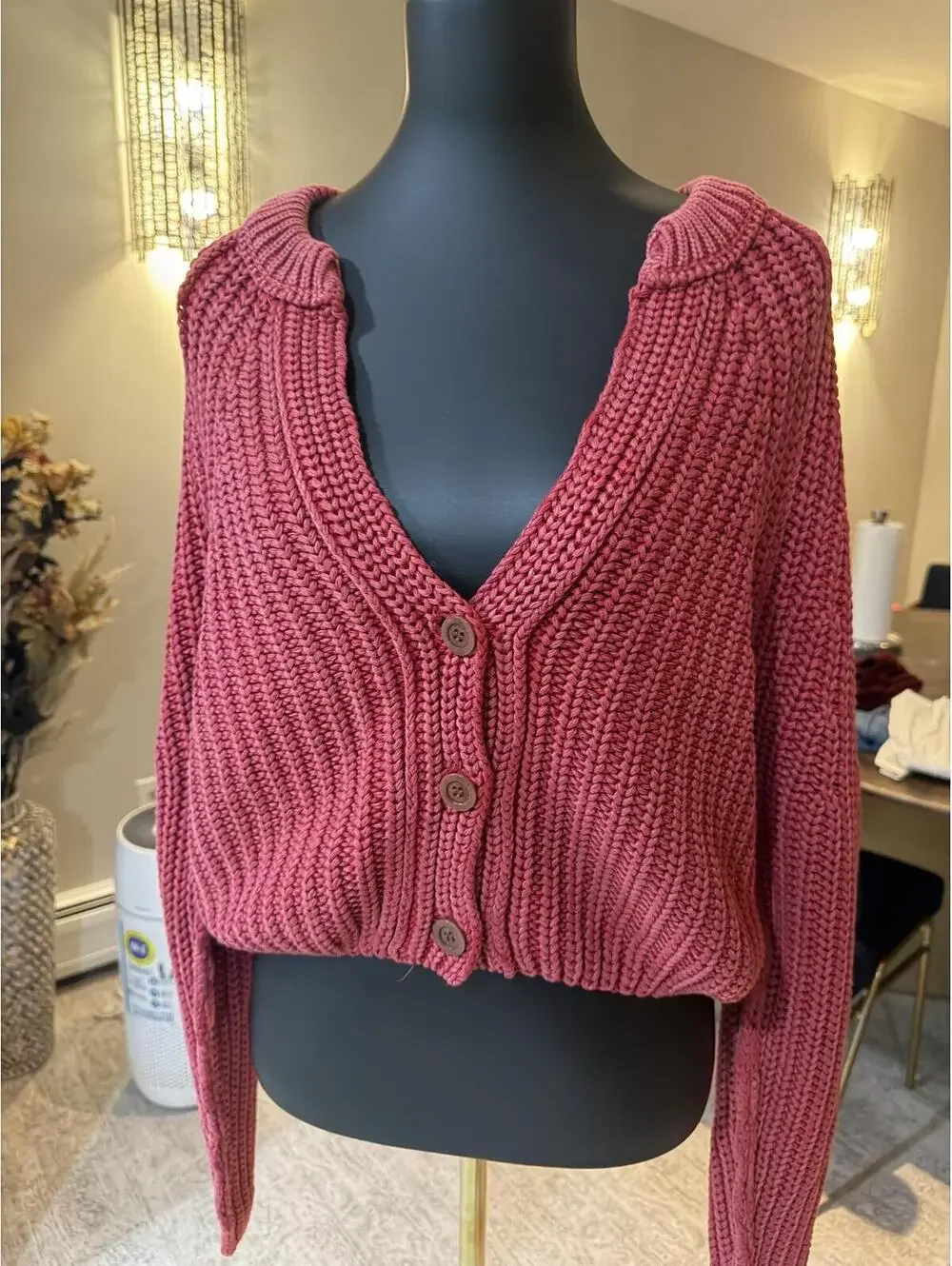 NWOT Free People Cotton Sweet Nothing Chunky Cardigan Sweater Rose Pink cozy L